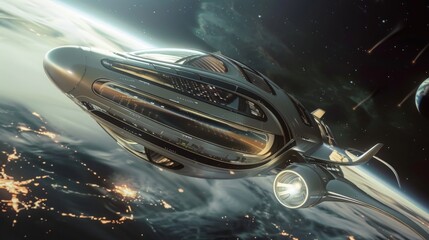 A sleek, futuristic spaceship travels through space, orbiting Earth at night. City lights are visible on the planet's surface below.
