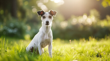  Dog (Wire Fox Terrier) on green grass in park