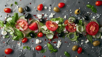 Elegant Greek Salad Ingredients Floating for Advertising Banner Design - Tomatoes, Cucumbers, Olives, Feta - Powered by Adobe