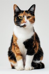 A calico cat is sitting on a white surface
