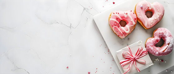 Heart-shaped donuts with glaze and parcel on a white marble countertop, perfect for Valentine's Day or Mother's Day celebration.
