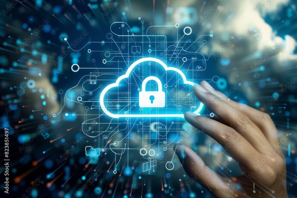 Poster digital cloud security illustration with a glowing cloud and lock for secure online data protection