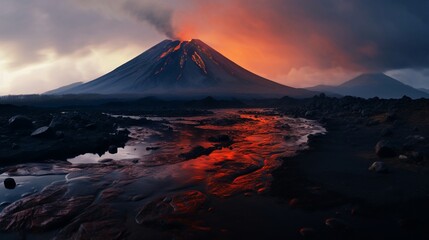 Volcano Eruption at Sunset: A Dramatic Natural Phenomenon. Generative AI
