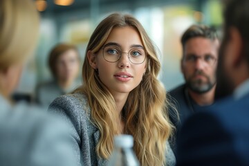 Obraz premium Focused woman in a serious business discussion