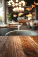 A polished wooden table in the foreground with a blurred background of an elegant restaurant. The background shows beautifully set tables with white linens, stylish chairs and soft ambient lighting 