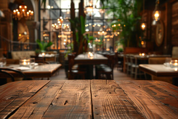 A polished wooden table in the foreground with a blurred background of an elegant restaurant. The background shows beautifully set tables with white linens, stylish chairs and soft ambient lighting 