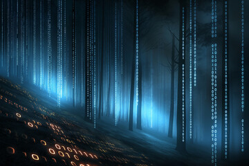 A unique blend of nature and technology, featuring a forest landscape overlaid with binary code paths. Ideal for data-related content and analysis.