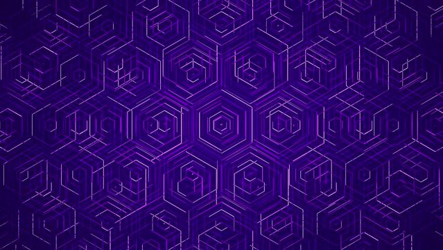 Purple Glowing Tech Hexagons. Animated Hexagonal Grid. Looped video.
