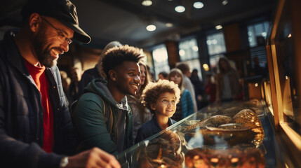 A family experiencing education and fun as they look at a museum exhibit with bright expressions