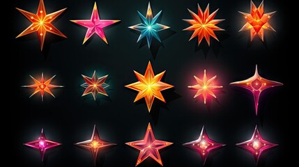 A vibrant collection of star shapes with colorful glows and varying designs on a black background