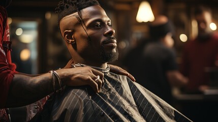 A focused barber with a blurred face giving a trendy haircut to a client in a modern barber shop setting