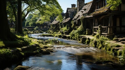 Fototapeta premium A picturesque fantasy village with rustic houses by a tranquil stream, reminiscent of a storybook setting