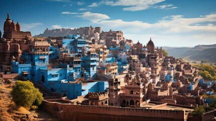 The breathtaking blue houses of Jodhpur, India, nestled in a hilly landscape, showcasing traditional architecture and culture - Powered by Adobe