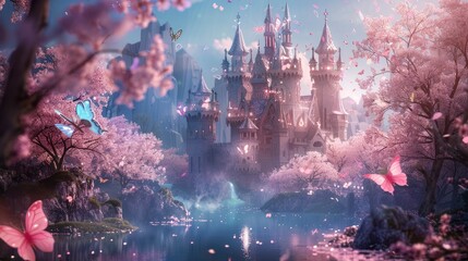 a cartoon theme of pink cherry blossom castle with butterflies flying around it