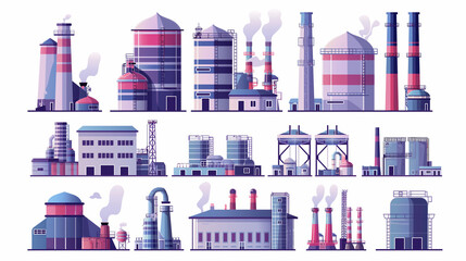 Architectural theme. Industrial Building Concept Eco Style Factory City Landscape. Set of factory style or industrial building flat design style icons. Structures with pipes and chimney. Vector.