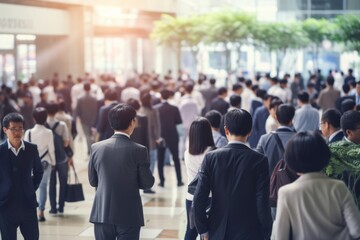 A group of business people standing in the meeting place while greeting and sharing to each other, isolated on a blurry with glare light of a city background. Generative AI.