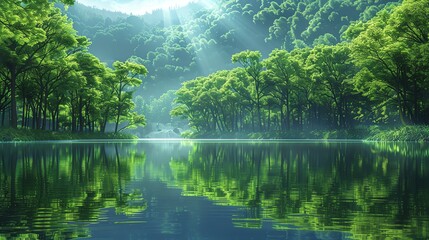 The sun shines through the trees and reflects off the water in a beautiful forest.