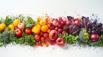 Variety of fruits and vegetables are arranged in a row on a white background. The image is colorful and has a painterly quality.