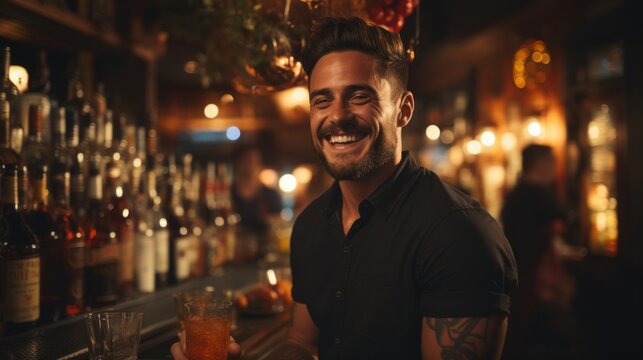 A smiling male bartender stands proudly in a warm, inviting bar environment