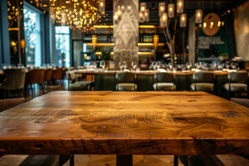 A polished wooden table in the foreground with a blurred background of an elegant restaurant. The background shows beautifully set tables with white linens, stylish chairs and soft ambient lighting 