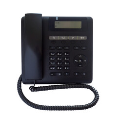 A black office multifunction phone with a keyboard.