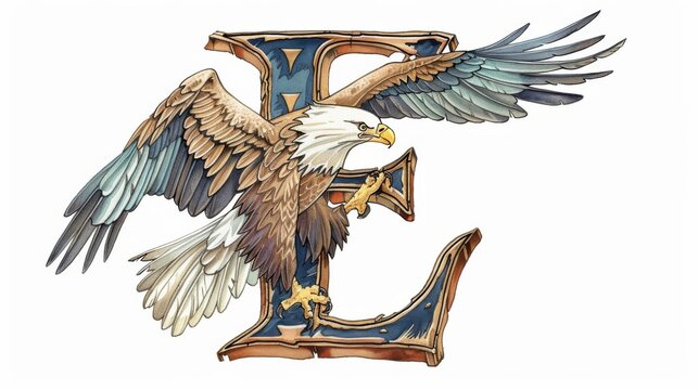 An eagle is perched on a letter E