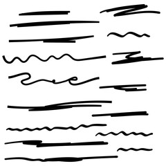 Set of black highlighter marker strokes. Vector brush pen underline lines.