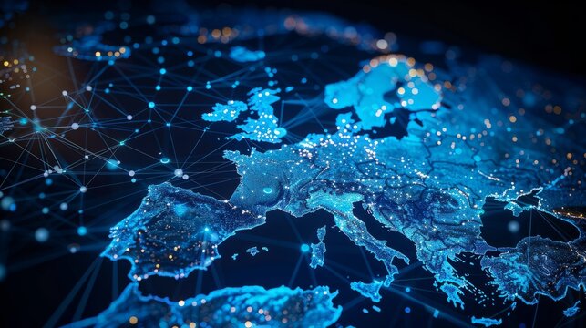 Abstract map of Western Europe, concept of European global network and connectivity, data transfer and cyber technology, information exchange and telecommunication