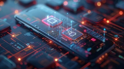 Futuristic smartphone with holographic display showing secure data network concept and digital encryption, interconnected technology.