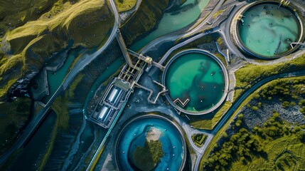 An aerial view of a geothermal power station demonstrating the integration of green technology within a natural setting. , natural light, soft shadows, with copy space