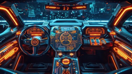 Futuristic spaceship cockpit with glowing orange and blue lights, showcasing advanced technology and a cityscape background at night.