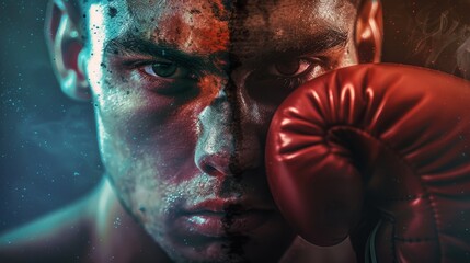 Focused Boxer Ready for Fight - Split Image Poster Design for Text Addition in Sports and Fitness Promotions
