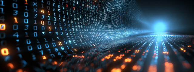 A matrix of glowing numbers set against a dark background, perfect for representing concepts in data science, cryptography, or digital technology.