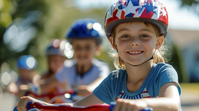 Children in a small town parade, riding bicycles adorned in red, white, and blue, celebrating Independence Day. , natural light, soft shadows, with copy space, blurred background