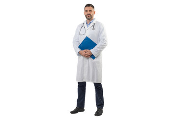 A man doctor is standing with a blue folder in his hands while wearing a white lab coat. He looks...