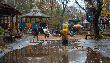 Children playing in a playground on a rainy autumn day