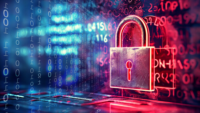 A glowing neon padlock symbol with a matrix of numerical patterns on a dark background. Ideal for data security, encryption, cybersecurity concepts.