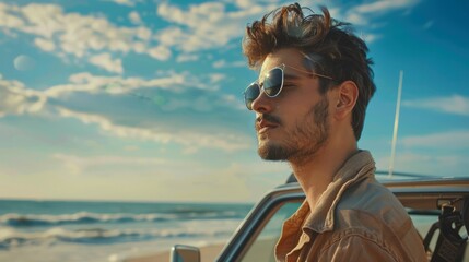 Closeup young man traveler in sunglasses standing near car on the seaside beach