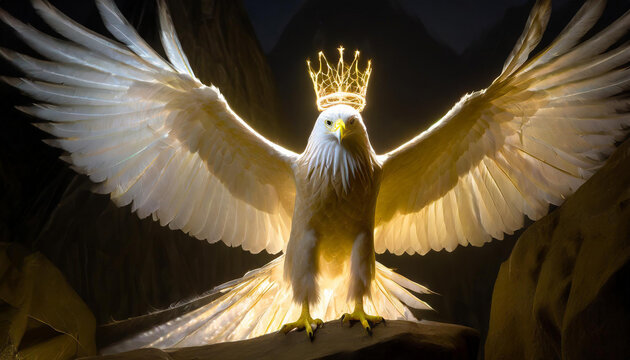 Eagle with large stretched out wings and crown on head
