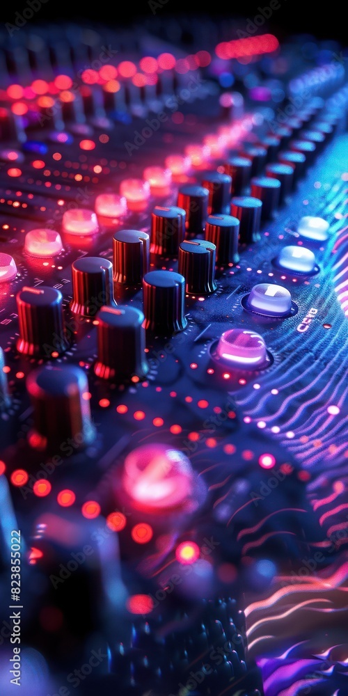 Poster a close-up view of an illuminated audio mixer with colorful lights, showcasing technological element