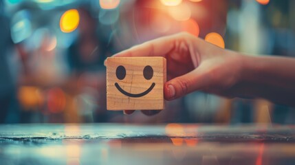 Customer satisfaction service concept, Hand holding wooden block with a smiley face icon to rate satisfaction, Satisfaction experience rating and service reviews, generative ai