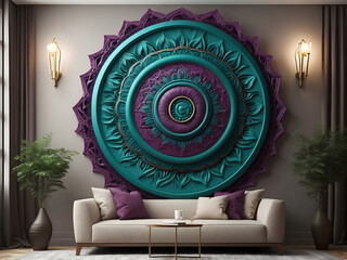 Tteal green and deep purple 3d mandala border frame wall, luxurious yet modern for any occasion use, ceiling wall interior, podium background wall interior, or exterior design