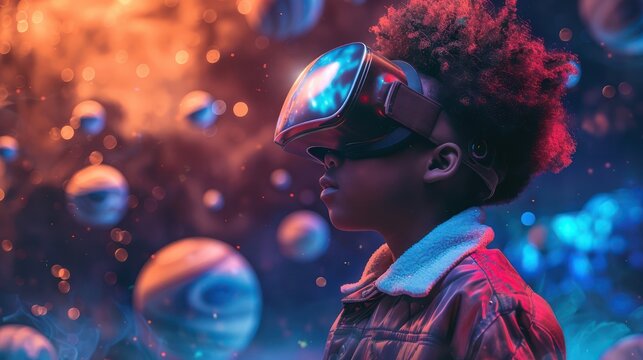A child wearing virtual reality glasses experiences a vibrant, immersive environment filled with colorful planets and cosmic wonders.