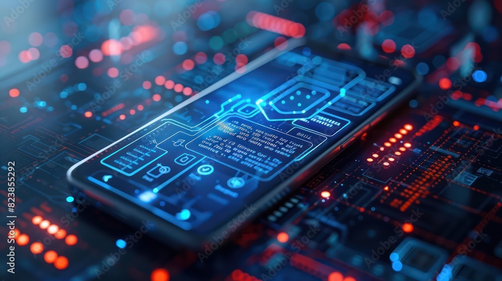 Poster a smartphone displaying futuristic circuit board graphics, emphasizing technology, innovation, and c