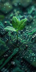 A green plant sprouting from a complex circuit board symbolizes technology and nature's intersection, promoting sustainability and eco-friendly innovation.