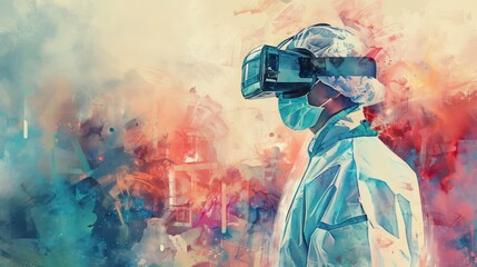 A healthcare professional in virtual reality gear, surrounded by an abstract, colorful background, symbolizing modern technology in medicine.