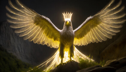 Eagle with large stretched out wings and crown on head