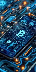 Fototapeta premium A smartphone displaying a Bitcoin symbol on its screen, lying on a high-tech circuit board background illuminated by neon blue lights.