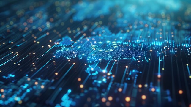 Digitalization in Europe. EU flag goes over into digital data lines and points.