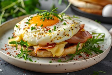 Delectable Egg Benedict Dish Served on Plate with Hollandaise Sauce Bacon and Herbs
